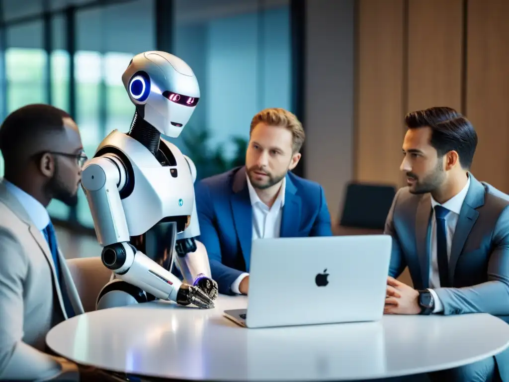 Grupo de trabajadores reunidos en una oficina moderna, discutiendo con un robot humanoide, con la ciudad futurista de fondo