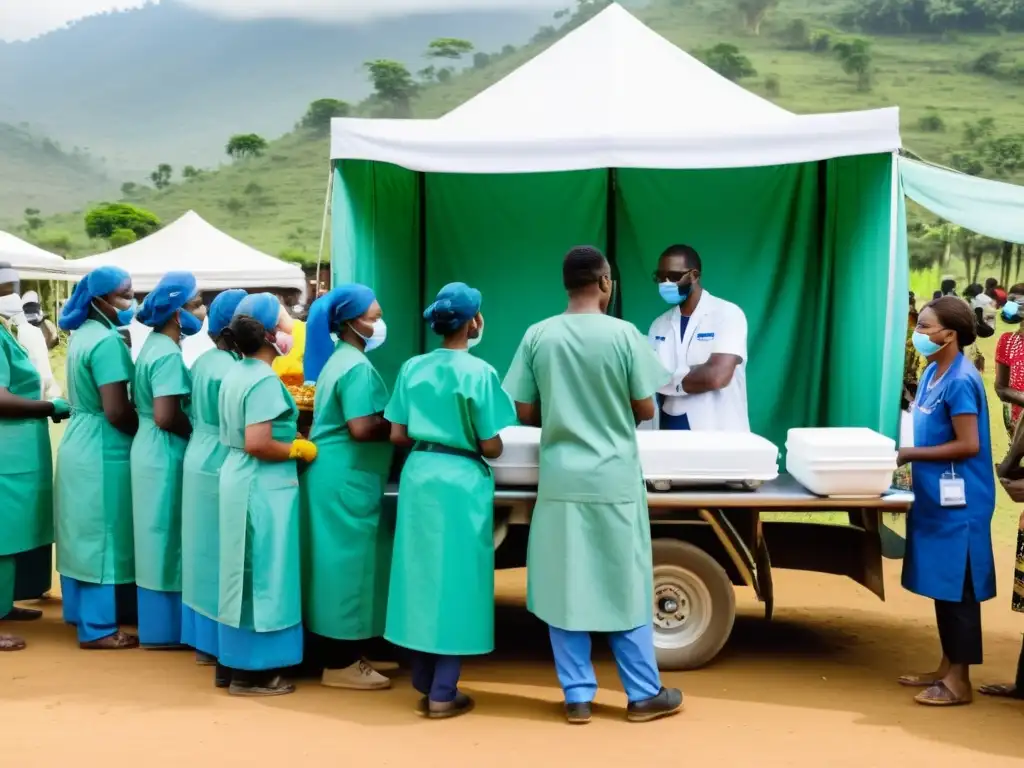 Un grupo de trabajadores de la salud establece una clínica móvil en una zona rural postconflicto, rodeados de una multitud esperando pacientemente