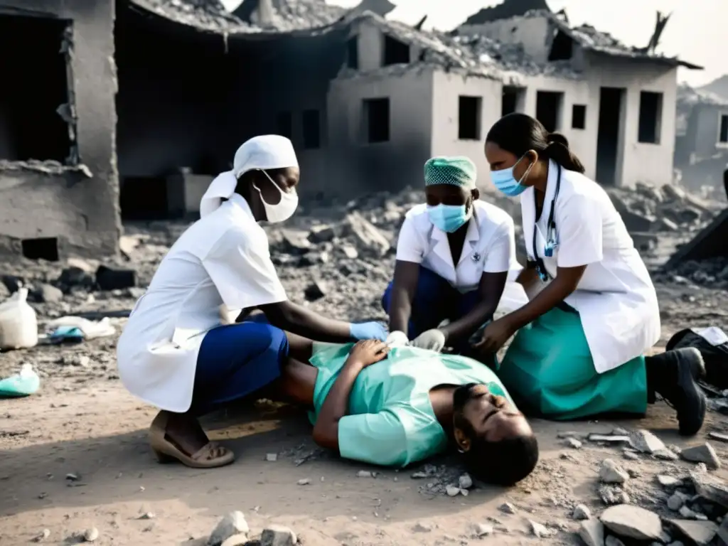 Un grupo de trabajadores de la salud brinda atención médica a civiles en una zona de guerra, reflejando la importancia de la salud en entornos bélicos