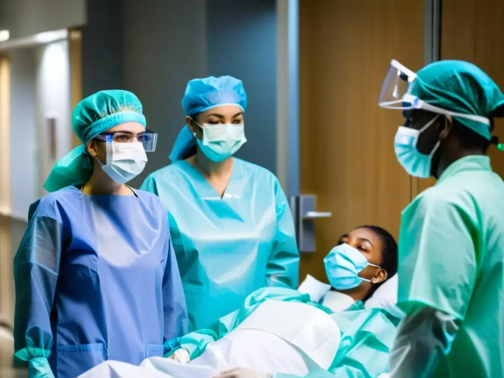 Un grupo de trabajadores de la salud atiende a un paciente en una sala de hospital, con trajes de protección completos