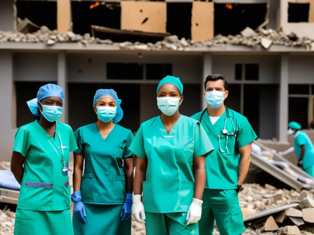 Un grupo de trabajadores de la salud en uniformes desgastados y máscaras, atendiendo a pacientes heridos frente a un hospital dañado por el conflicto