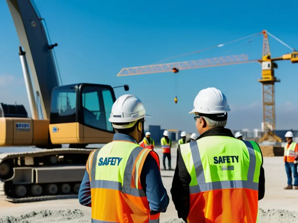 Un grupo de trabajadores en un sitio de construcción, discutiendo normativas de seguridad laboral global