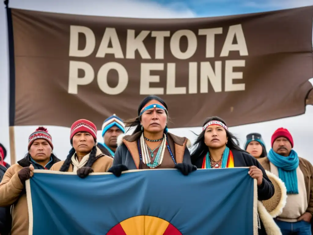 Grupo indígena unido en protesta contra el oleoducto Dakota Access, mostrando determinación y fuerza en sus rostros