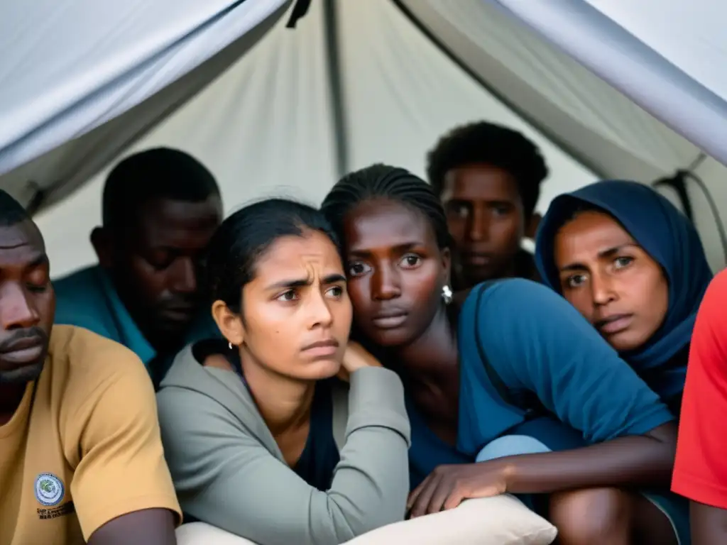 Grupo unido en refugio improvisado, reflejando fortaleza y vulnerabilidad en crisis humanitaria