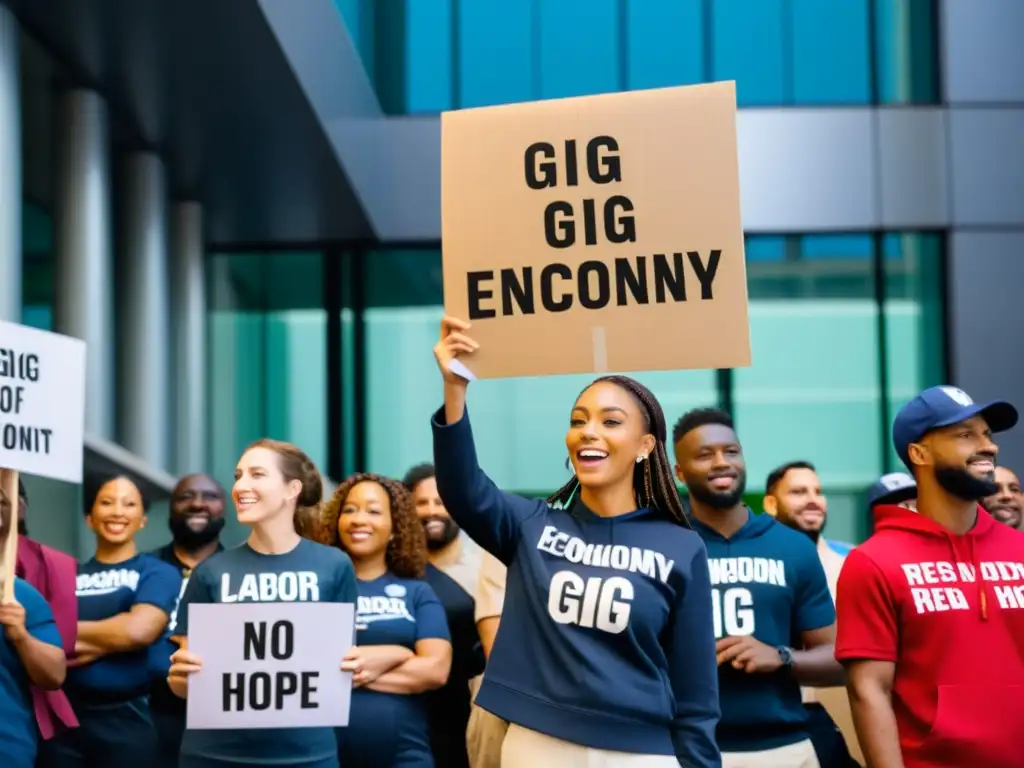 Un grupo unido de trabajadores de la gig economy luchando por sus derechos laborales frente a un edificio urbano, expresando determinación y esperanza