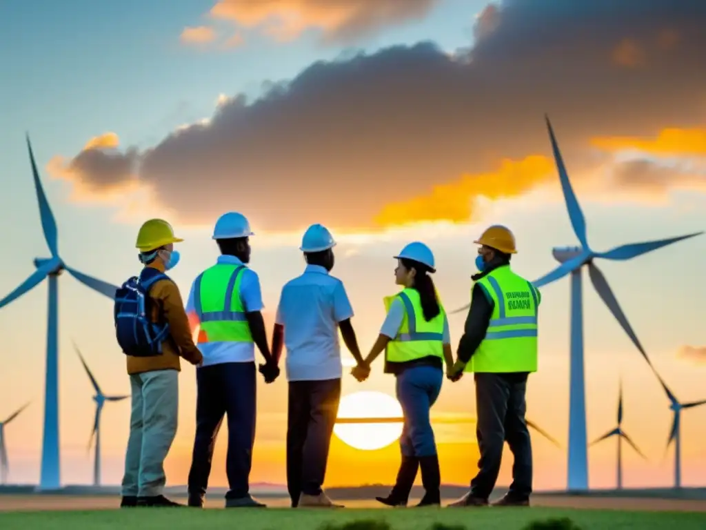 Un grupo unido de trabajadores sosteniendo manos frente a un parque eólico al atardecer