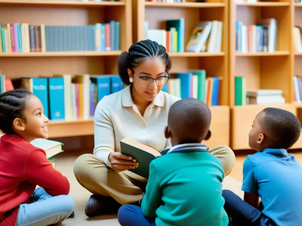 Grupo variado de niños escuchando atentamente a un adulto leer un libro sobre el acceso a la información como derecho, en una sala acogedora llena de libros