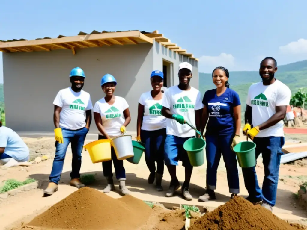 Un grupo variado de voluntarios trabaja en equipo para reconstruir un centro comunitario en una zona de conflicto