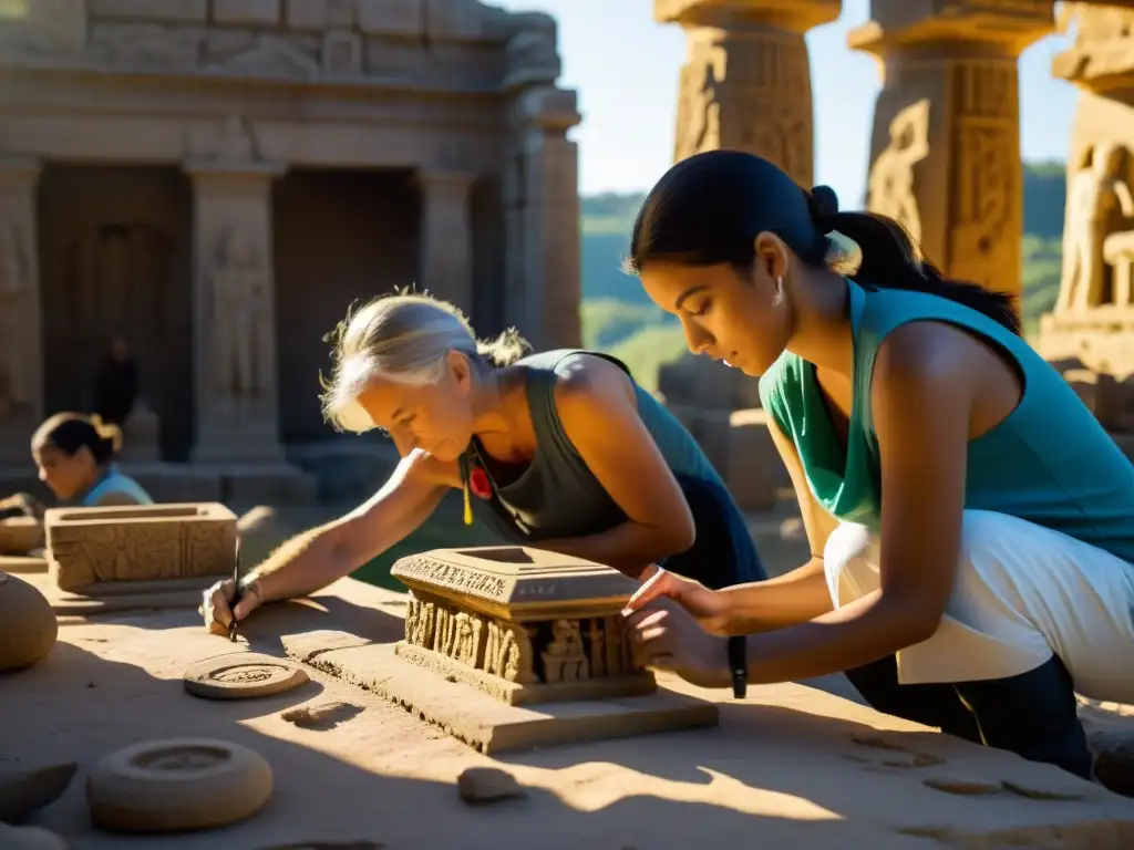 Un grupo de voluntarios restaura con cuidado artefactos antiguos en ruinas posguerra, salvaguardando patrimonio cultural