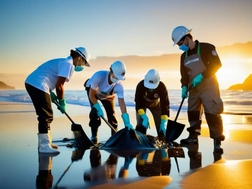 Voluntarios removiendo derrame de petróleo al amanecer Grupo de voluntarios limpiando derrame de petróleo al amanecer en la playa