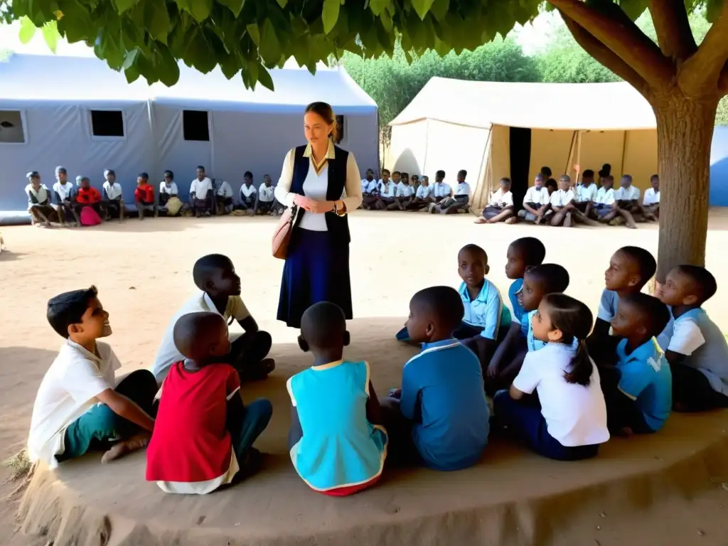 Un grupo de voluntarios educan a niños desplazados en derechos humanos bajo un árbol en un aula al aire libre en un campamento de refugiados