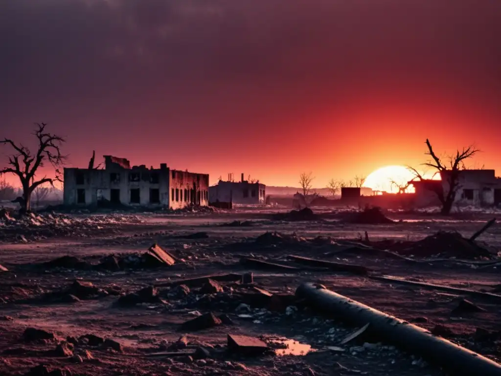 Desolación tras la guerra, con edificios en ruinas y árboles estériles silueteados contra un atardecer rojo sangre