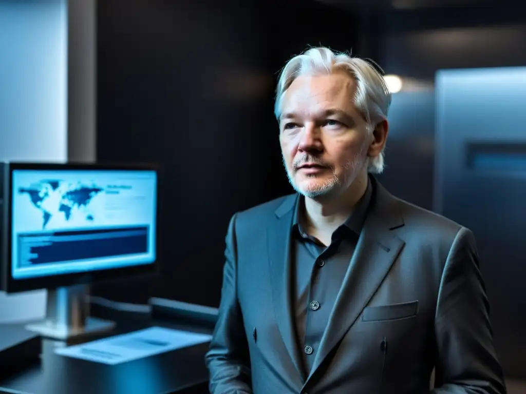 Julian Assange en habitación oscura rodeado de pantallas con información clasificada