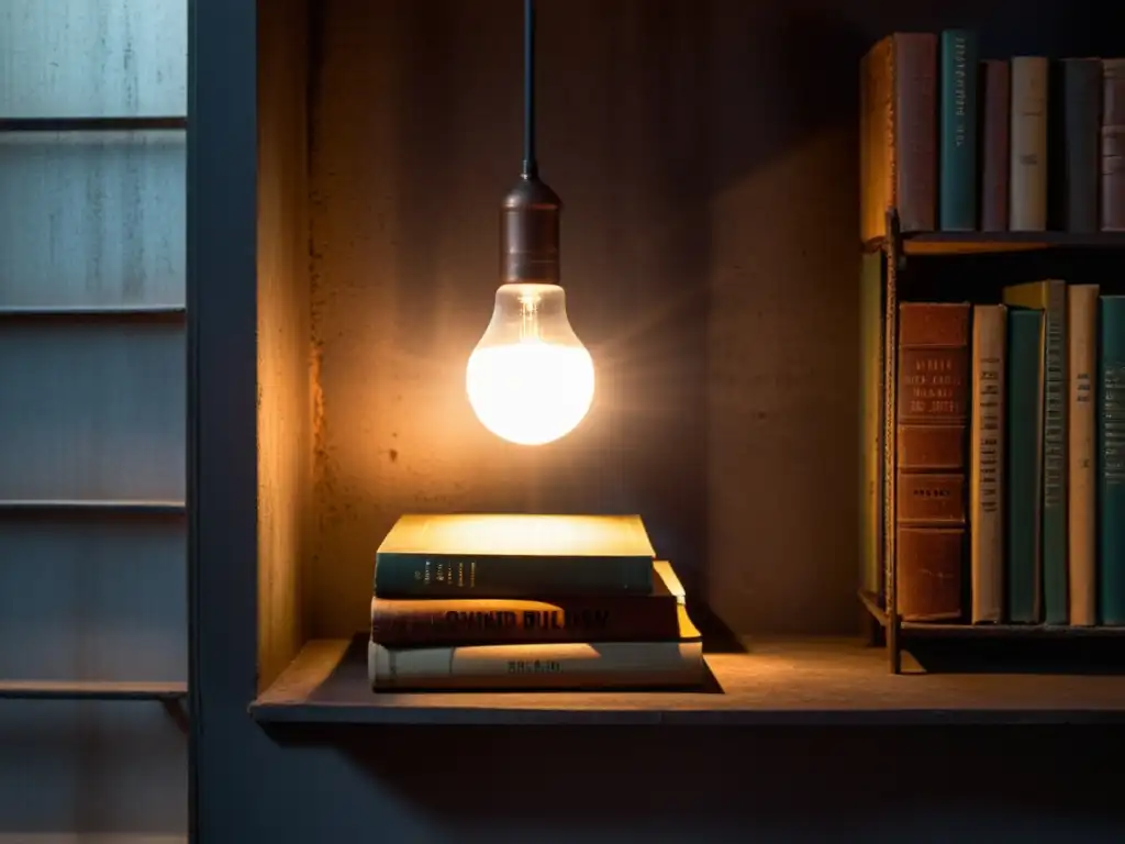 En una habitación tenue, un solo foco ilumina libros prohibidos encadenados