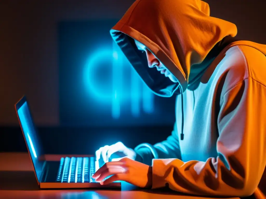 Un hacker ético trabaja en la defensa de la privacidad en internet, iluminado por la pantalla de su computadora en una habitación tenue