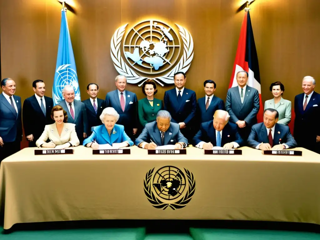 La histórica firma de la Carta de las Naciones Unidas en 1945, con delegados de diversos países reunidos alrededor de la mesa, banderas de fondo y una atmósfera de importancia histórica y unidad