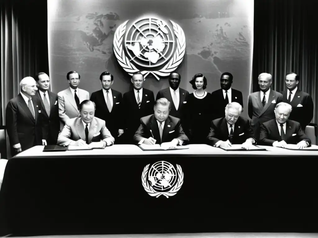Historica firma de la Carta de las Naciones Unidas en 1945, muestra líderes mundiales concentrados en la protección global derechos humanos ONU