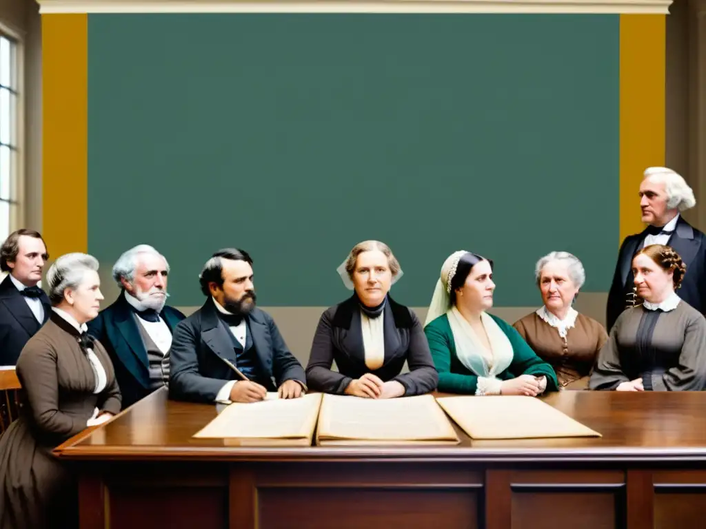 Hombres y mujeres discuten apasionadamente en la Convención de Seneca Falls 1848, luchando por derechos humanos y la igualdad de género