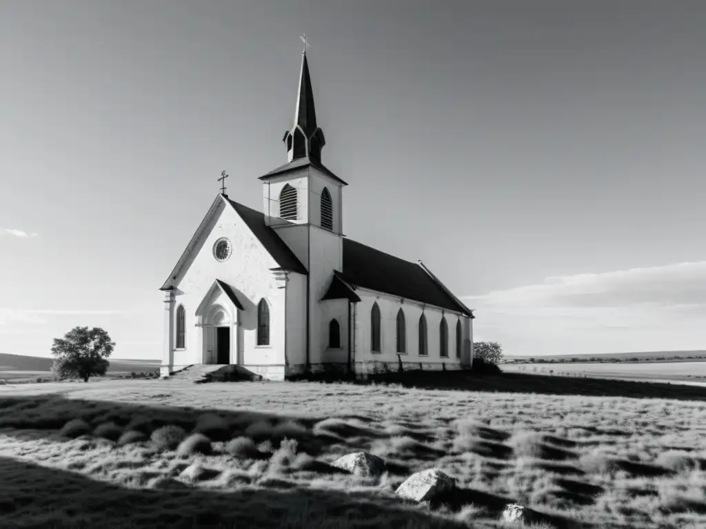 Una iglesia resistente y desgastada en un paisaje desolado, testigo de la complicidad de la iglesia durante dictaduras