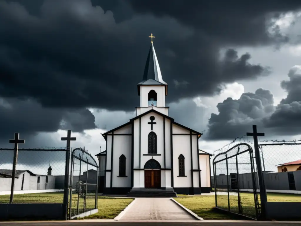 Una iglesia rodeada de alambre de púas y torres de vigilancia bajo un cielo dramático, evocando la complicidad de la iglesia durante dictaduras