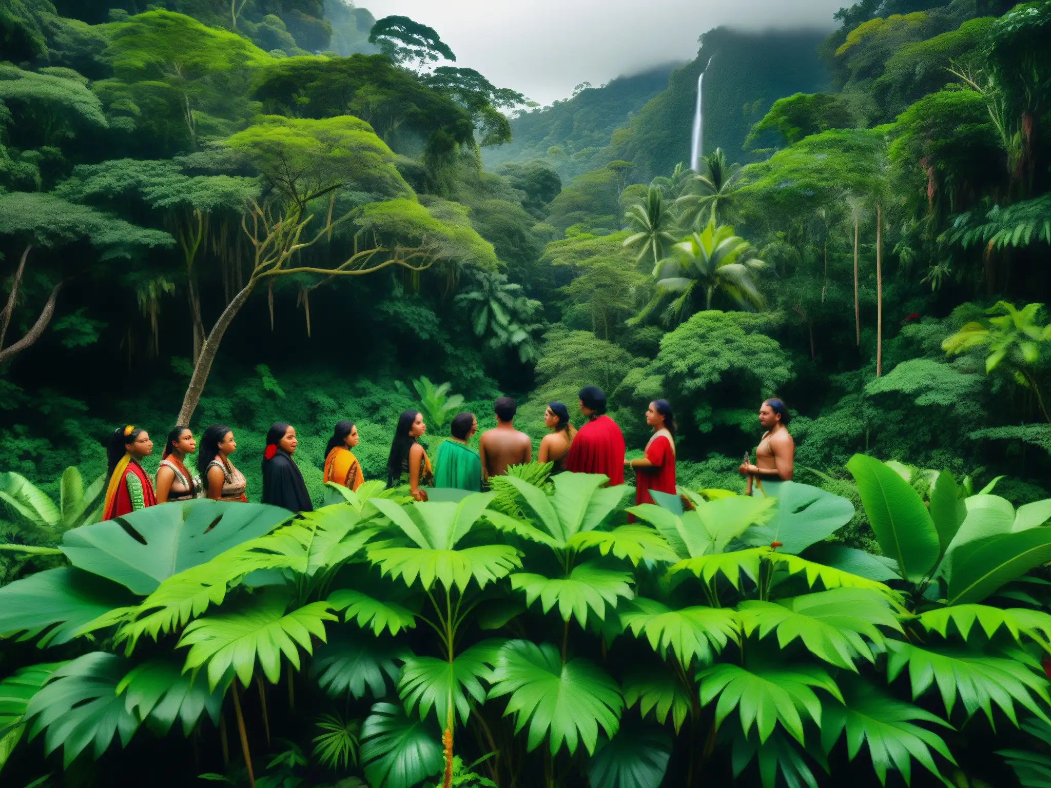 Imagen de activismo indígena en la selva, honrando la biodiversidad con ceremonia ritual