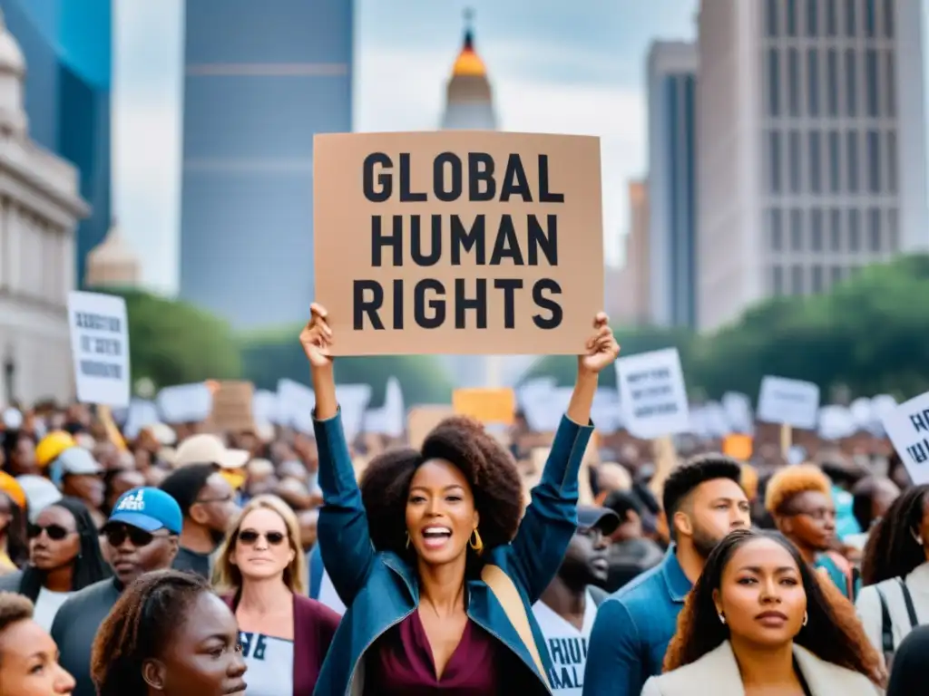 Imagen de activistas sosteniendo carteles con mensajes poderosos sobre derechos humanos globales, en una ciudad bulliciosa