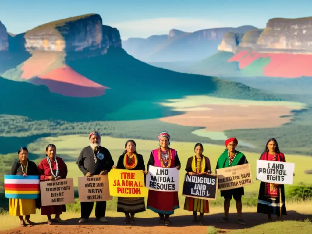 Activistas indígenas defienden derechos y recursos naturales Imagen de activistas indígenas en lucha global por derechos a la tierra y recursos, con vestimenta colorida y paisaje exuberante