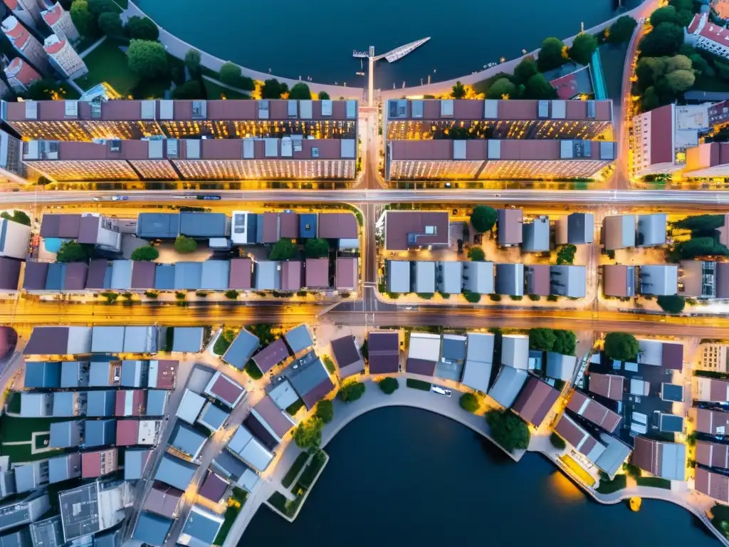 Imagen aérea de una ciudad con cámaras de vigilancia, reflejando la vigilancia masiva y privacidad global en espacios públicos