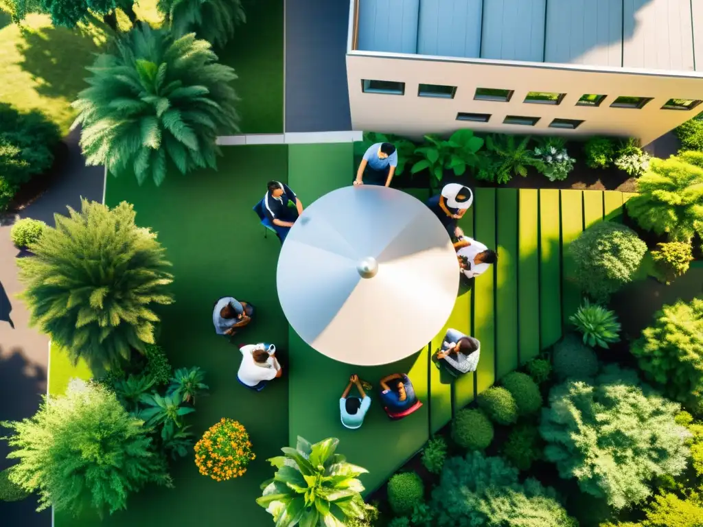 Imagen aérea de estudiantes diversos participando en actividades educativas al aire libre, en un entorno inclusivo y equitativo que reduce desigualdades educativas