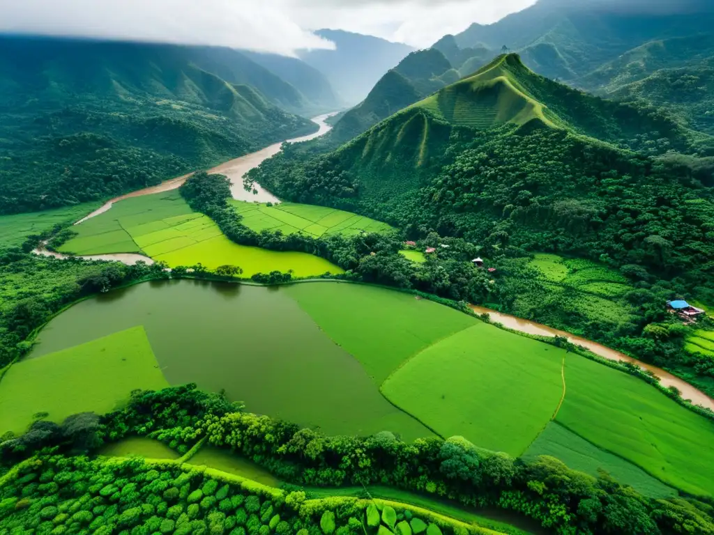 Imagen aérea de exuberante campo colombiano con río serpenteante y aldea indígena, contrastando con la imponente cordillera