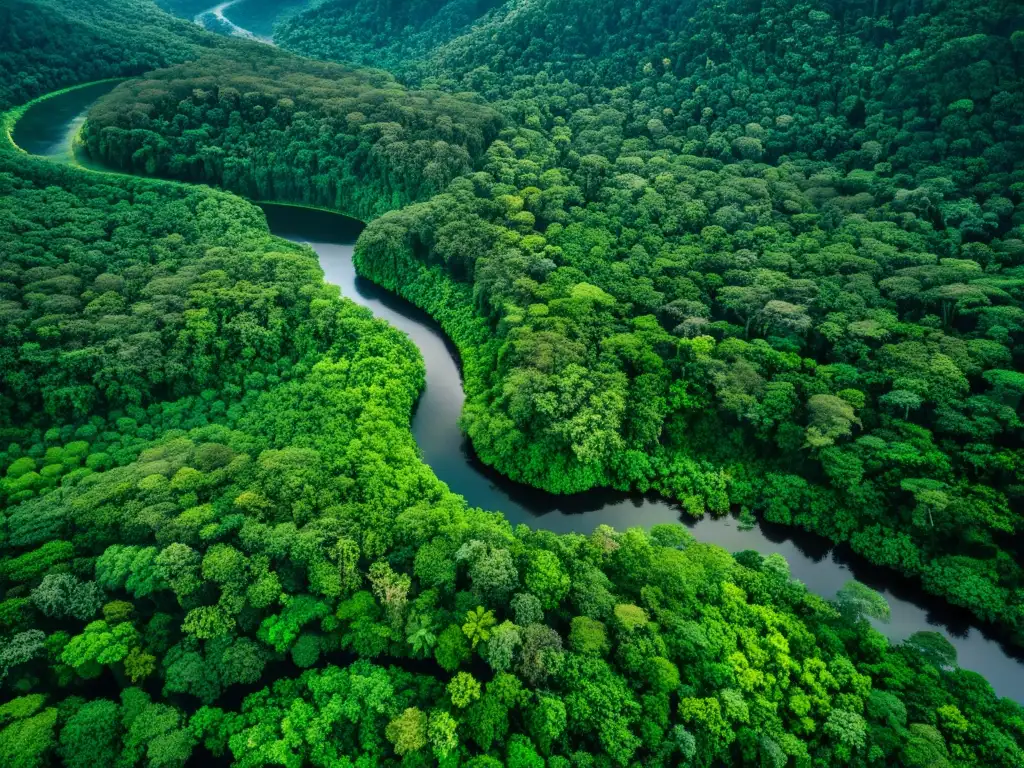 Imagen aérea de exuberante selva con río serpenteante