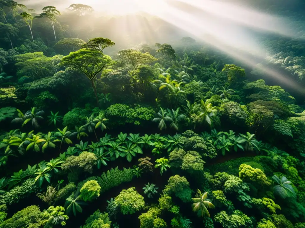 Imagen aérea de un exuberante y vibrante bosque lluvioso, destacando el equilibrio necesario para los derechos humanos y la sostenibilidad ambiental