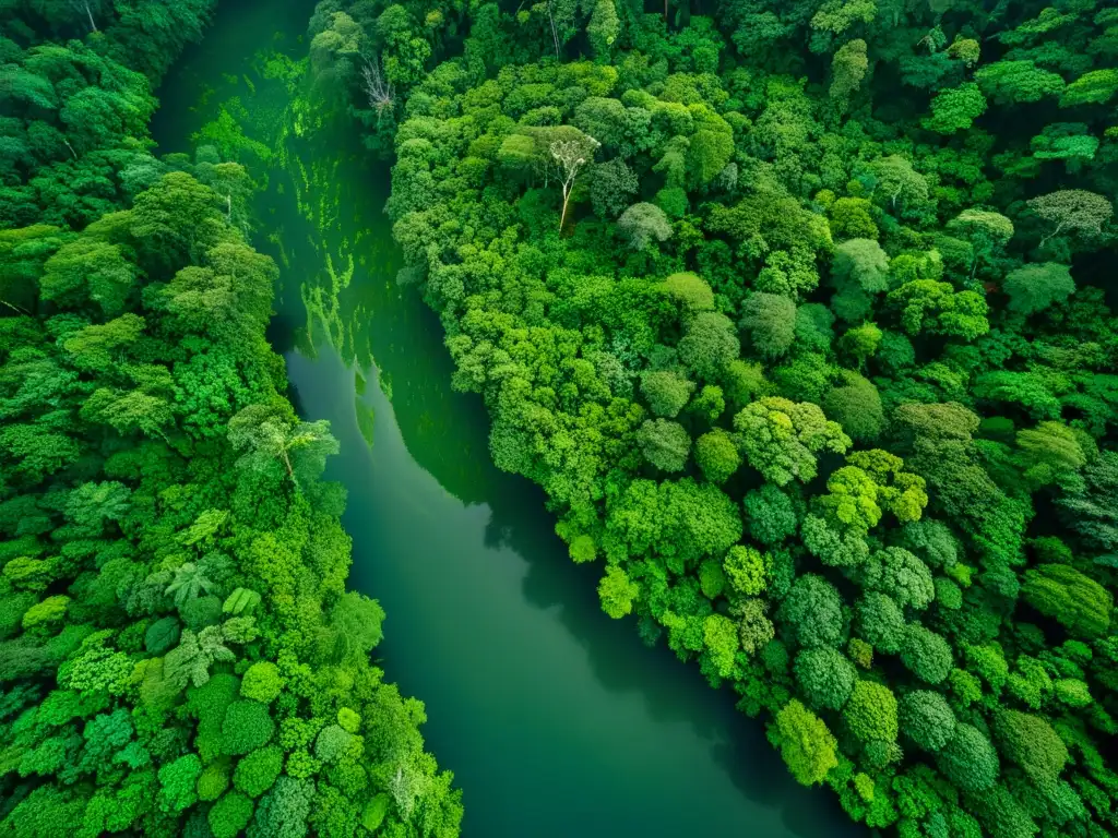 Imagen aérea impactante de un exuberante bosque tropical, con la luz solar filtrándose a través del dosel y creando patrones moteados en el suelo del bosque