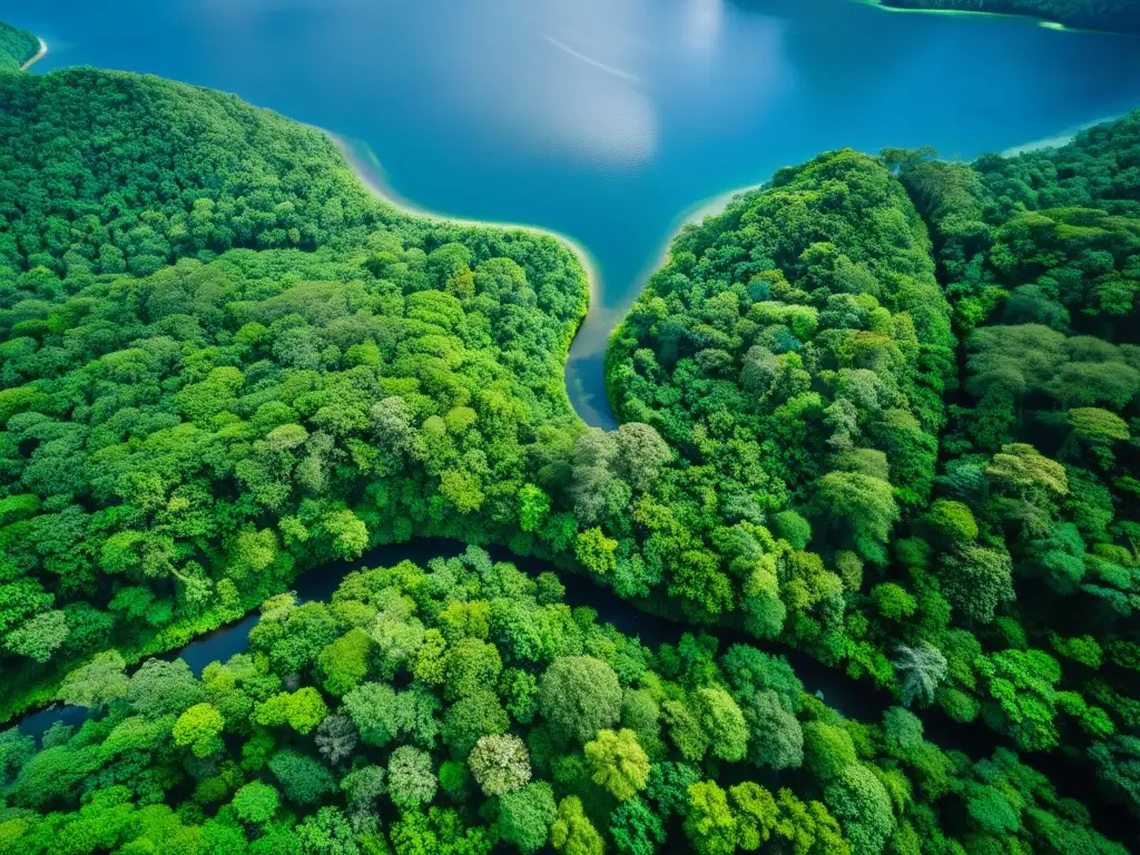 Imagen aérea impresionante de un exuberante y virgen bosque tropical, con un cielo azul claro