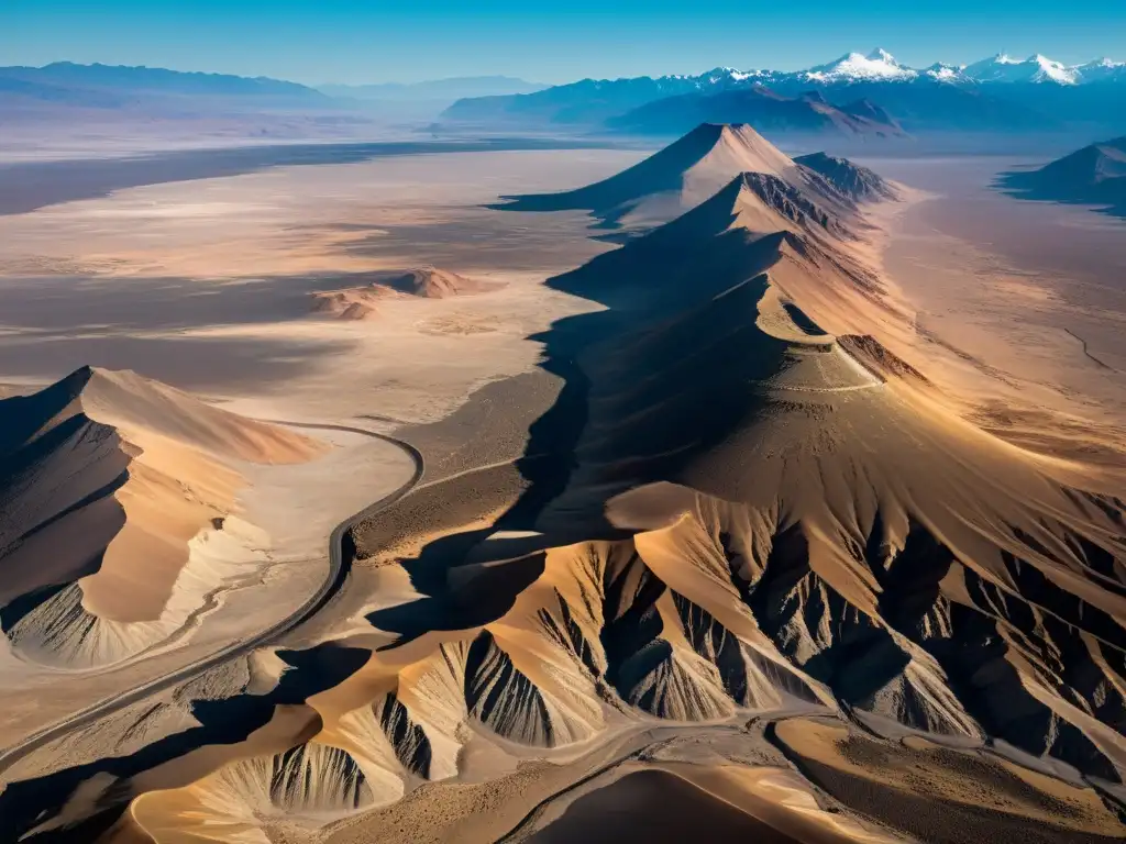 Imagen aérea de un paisaje vasto y desolado en Chile, con terreno escarpado y tierra seca y quemada por el sol