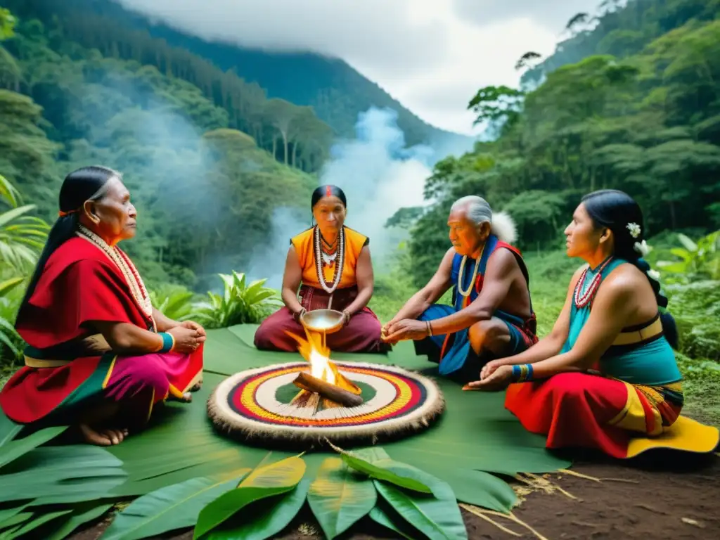 Imagen de alta resolución de ancianos indígenas realizando un ritual cultural en un entorno boscoso