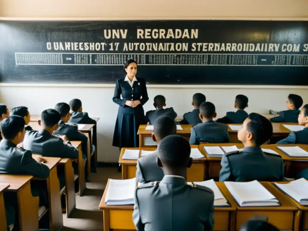 Imagen de aula en régimen autoritario con estudiantes uniformados y maestro severo