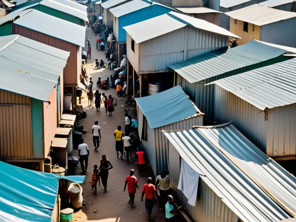 Imagen de un barrio urbano abarrotado con viviendas precarias, transmitiendo la resiliencia y la comunidad a pesar de las difíciles condiciones