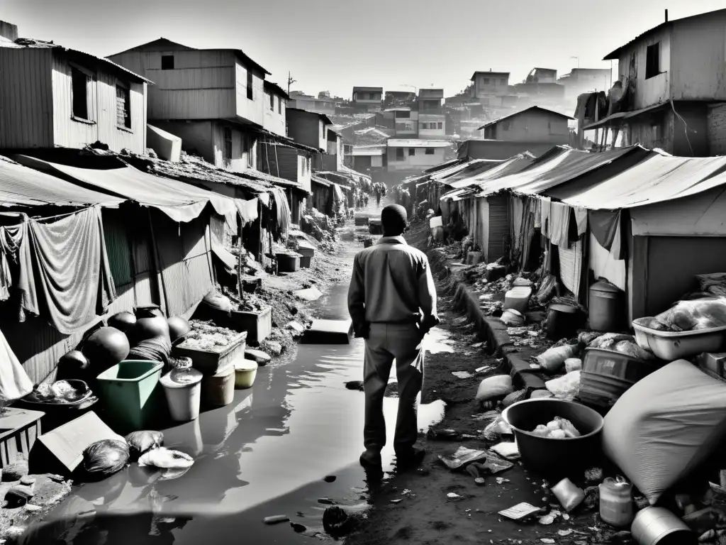 Imagen en blanco y negro de una abarrotada barriada urbana, reflejando la pobreza y la violencia estructural en los derechos humanos