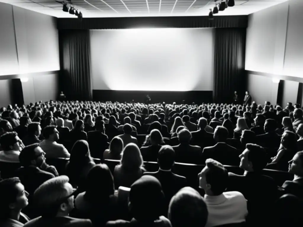 Imagen en blanco y negro de un abarrotado teatro, con el público cautivado por la película en pantalla