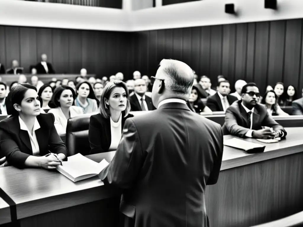 Imagen en blanco y negro de un abarrotado tribunal, con el juez presidiendo un juicio y periodistas tomando notas en segundo plano