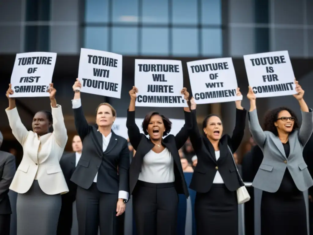 Imagen en blanco y negro de activistas, abogados y sobrevivientes levantando el puño y carteles con consignas contra la tortura