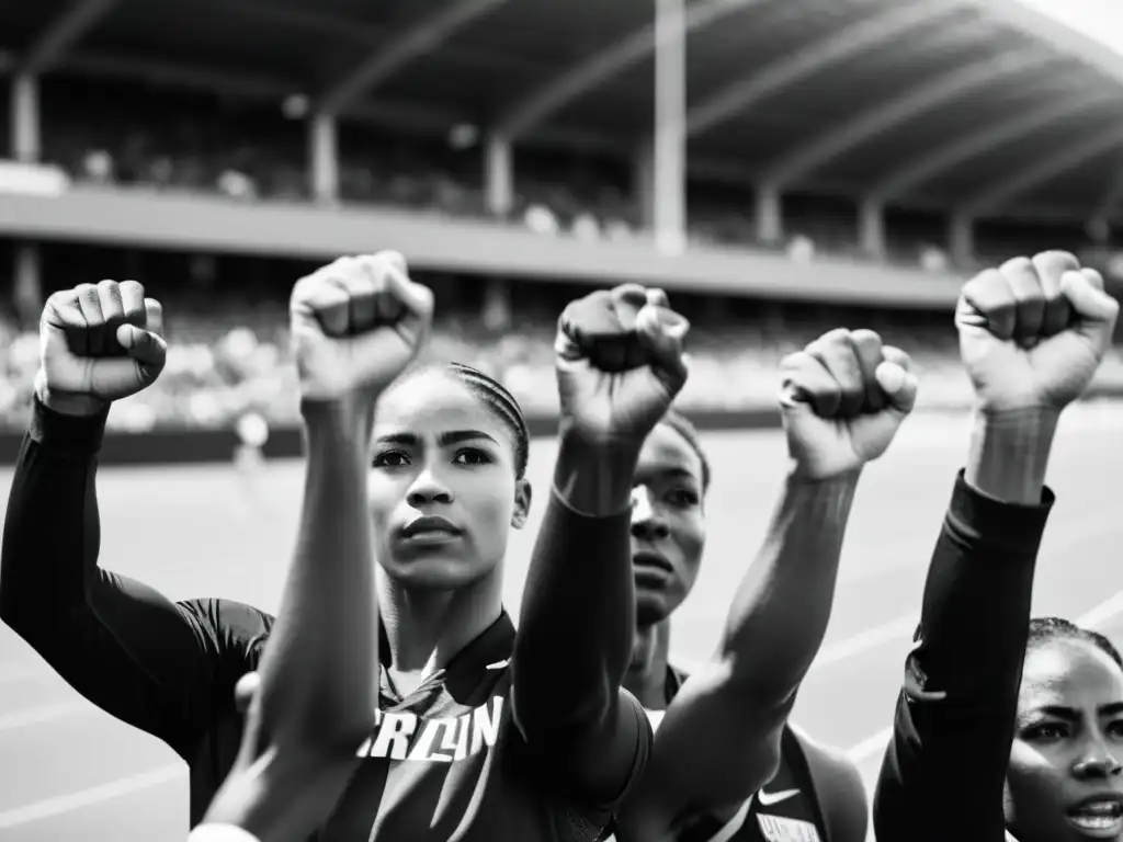 Imagen en blanco y negro de atletas diversos, con puños en alto en señal de unidad en el deporte contra discriminación racial