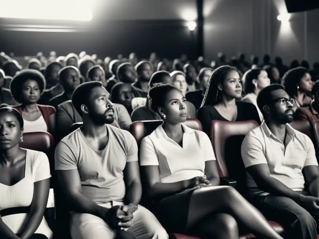 Imagen en blanco y negro de una audiencia diversa y emocionada viendo una película sobre derechos humanos en un teatro lleno