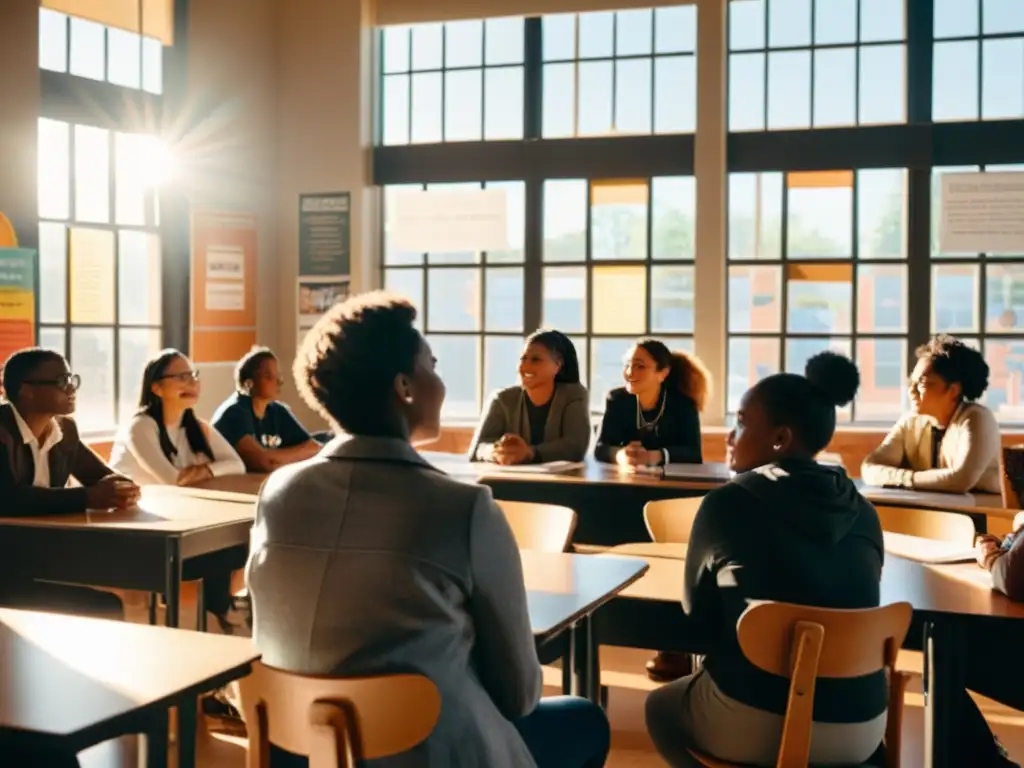 Imagen en blanco y negro de aula con estudiantes diversos discutiendo apasionadamente sobre derechos humanos, guiados por un profesor con empatía