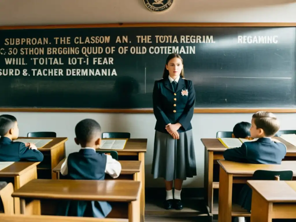 Imagen en blanco y negro de una aula sombría en un régimen totalitario, con niños uniformados reflejando miedo y determinación