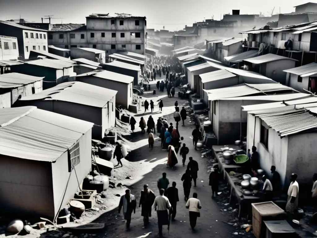 Una imagen en blanco y negro de un barrio urbano abarrotado, con edificios en mal estado, refugios improvisados y personas viviendo en condiciones desafiantes