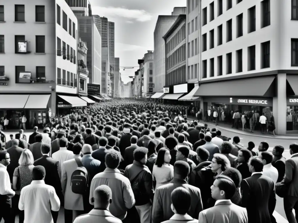 Imagen en blanco y negro de una bulliciosa calle de la ciudad, con cámaras de vigilancia en cada esquina y personas moviéndose rápidamente