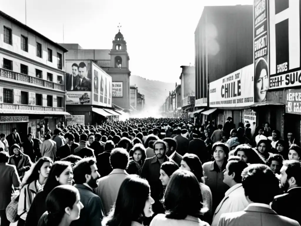 Imagen en blanco y negro de una calle urbana llena de gente en la década de 1970 en Chile, con carteles políticos y grafitis