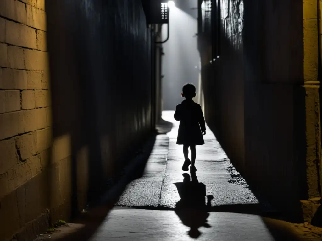 Una imagen en blanco y negro de un callejón sombrío, con una sola farola que proyecta un charco de luz en el suelo